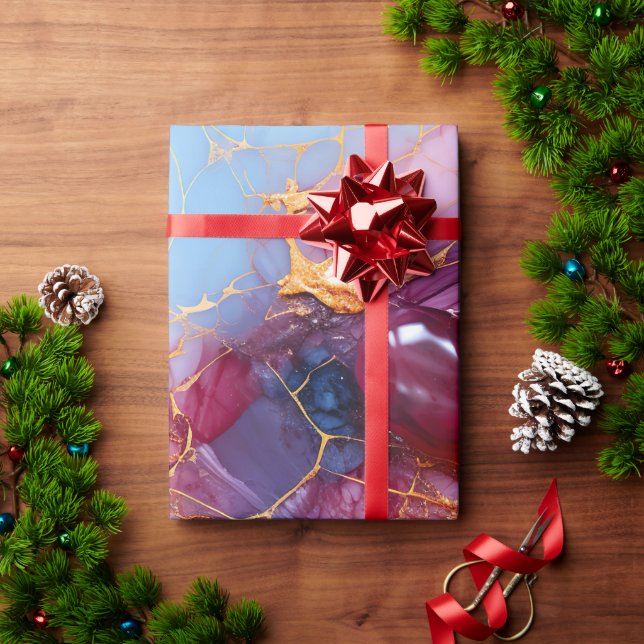 Papel De Presente Mármore Blush & Sapphire com Veias Douradas (Presente de Natal)