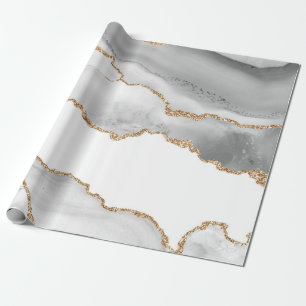 Papel De Presente Mármore Branco Cinza Ágata Refined Brilho Dourado