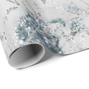 Papel De Presente Mármore Cinza Prata Azul Aqua Floral Folhas Louro