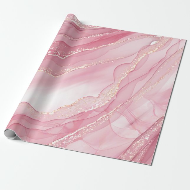 Papel De Presente Mármore de Aquarela Rosa com Glitter Dourado (Desenrolado)