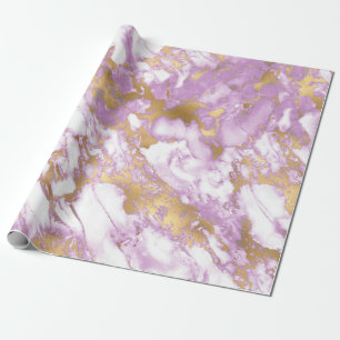 Papel De Presente Mármore Moderno Roxo Claro, Branco e Dourado
