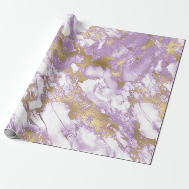 Papel De Presente Mármore Moderno Roxo Claro, Branco e Dourado (Desenrolado)
