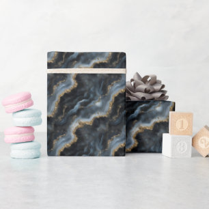 Papel De Presente Mármore Preto, Cinza e Dourado