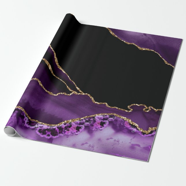 Papel De Presente Mármore Preto Violeta Ágata Escuro Glamour Dourado (Desenrolado)