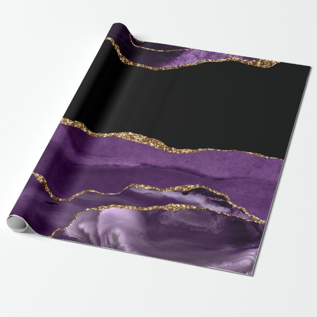 Papel De Presente Mármore Preto Violeta Ágata Glam Glitter Dourado (Desenrolado)