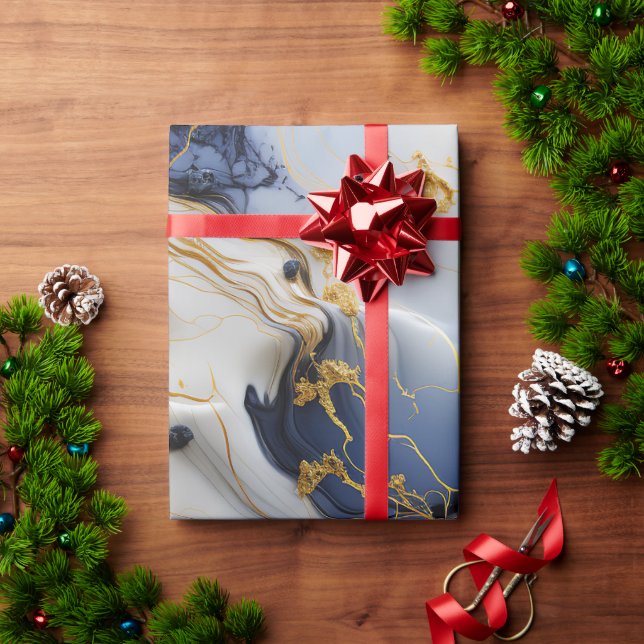 Papel De Presente Mármore Safira da Meia-Noite com Fios de Ouro (Presente de Natal)