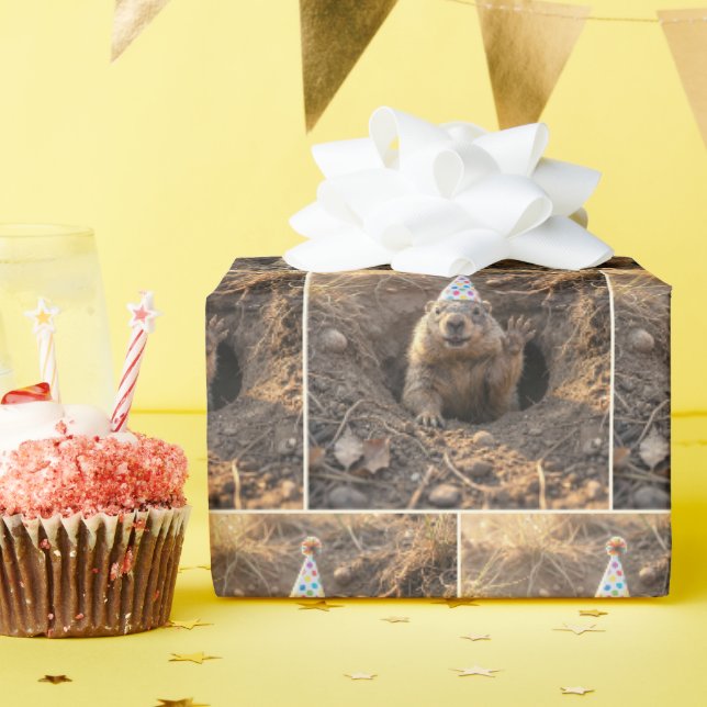Papel De Presente Marmota com um chapéu de festa de aniversário (Festa de aniversário)