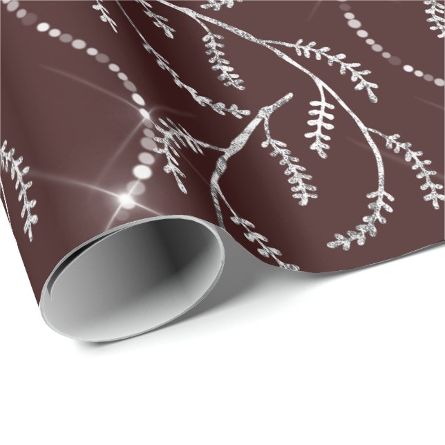 Papel De Presente Maroon Burgund Spark Laurel Floral Silver Diamante (Ponta do rolo)