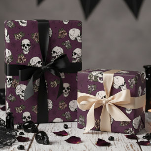 Papel De Presente Maroon Little Gothic Skulls and Rosa Floral