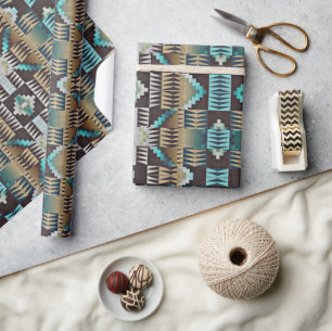Papel De Presente Marrom Bege Água Turquesa Azul Arte Tribal