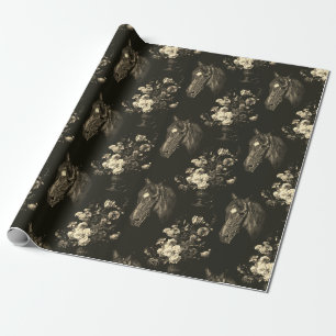 Papel De Presente Marrom Bege Escuro Flor de Cavalo Vintage Elegante