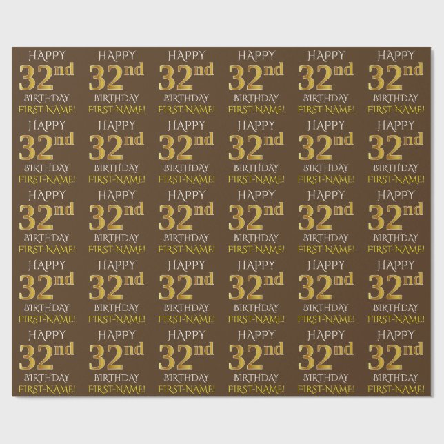 Papel De Presente Marrom, Faux Dourado "FELIZ 32º ANIVERSÁRIO" (Aberto)
