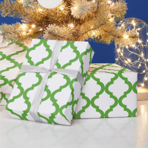 Papel De Presente Marroquino verde e branco Quatrefoil do feriado