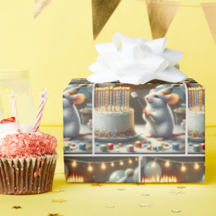 Papel De Presente Marshmallow de Rato e Bolo de Aniversário
