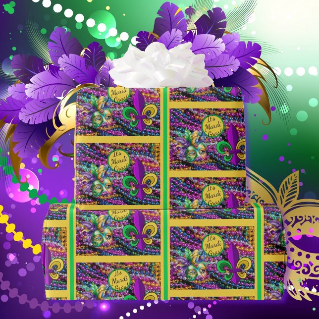 Papel De Presente Máscara de Contas de Mardi Gras Fleur de Lis (Criador carregado)
