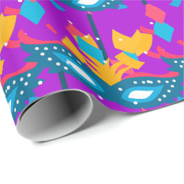 Papel De Presente Máscara de Mardi Gras e Confete em Roxo