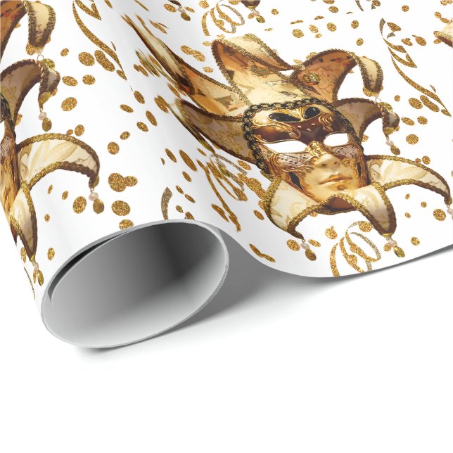 Papel De Presente Máscara Dourada do Carnaval Mardi Gras com Confett (Ponta do rolo)