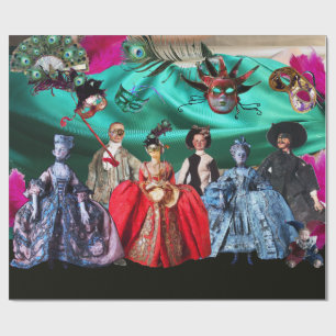 PAPEL DE PRESENTE MASCARADA ANTIGO ITALIANO DE BOMBAS E MÁSCARAS