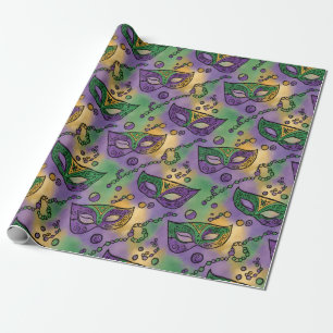 Papel De Presente Máscaras e Contas do Mardi Gras Roxo Verde Amarelo