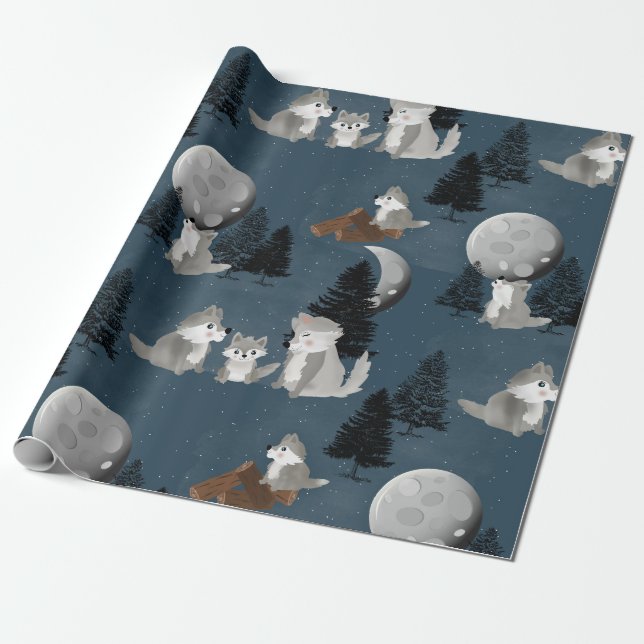 Papel De Presente Matilha de Lobo Fofo Céu Noturno da Floresta Lua (Desenrolado)