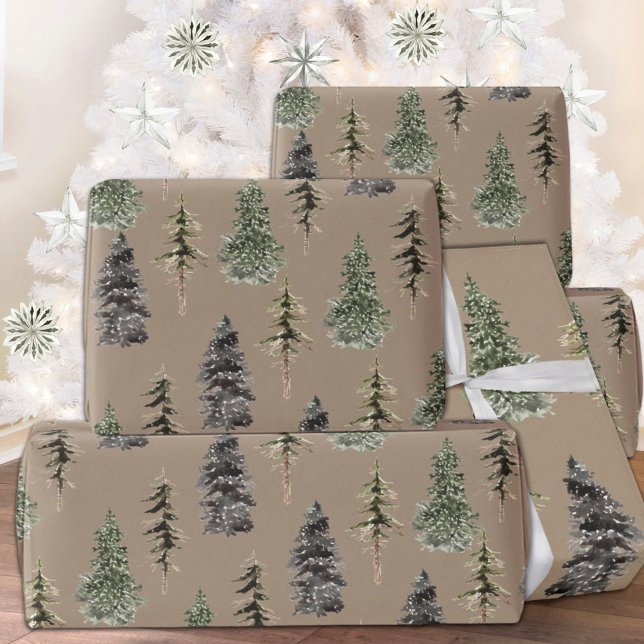 Papel De Presente Matte Rustic Kraft Winter Woodland Spruce Trees Ma (Rustic Kraft Winter Woodland Spruce Trees Matte Christmas Holiday Wrapping Paper Rolls)