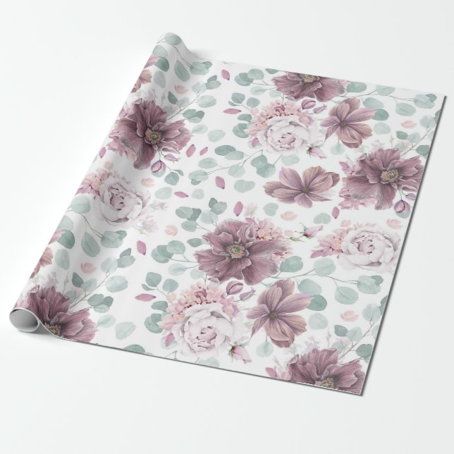 Papel De Presente Mauve Floral e Eucalyptus deixa Elegante (Desenrolado)