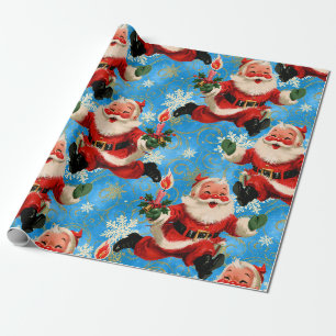 Papel De Presente Meados do Século Alegres: Papai Noel Correndo Vint