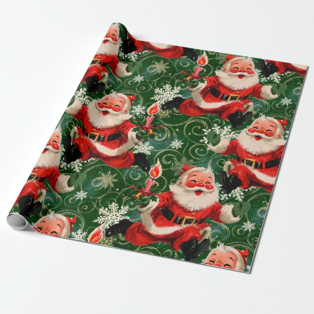 Papel De Presente Meados do Século Alegres: Papai Noel Correndo Vint (Desenrolado)