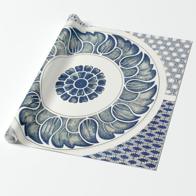 Papel De Presente Medalhão Chinês: Chinoiserie Azul Índigo (Desenrolado)
