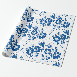 Papel De Presente Medalhão de Pássaro Floral Azul
