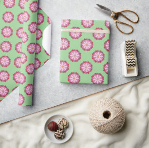 Papel De Presente Medalhão Verde-Asiático Pastel Rosa Floral