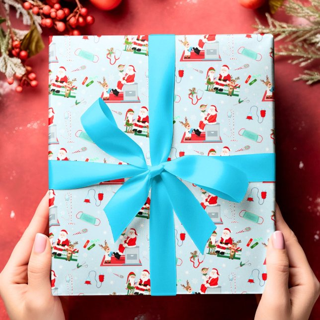 Papel De Presente Médico Natal com Papai Noel Azul Claro (Criador carregado)