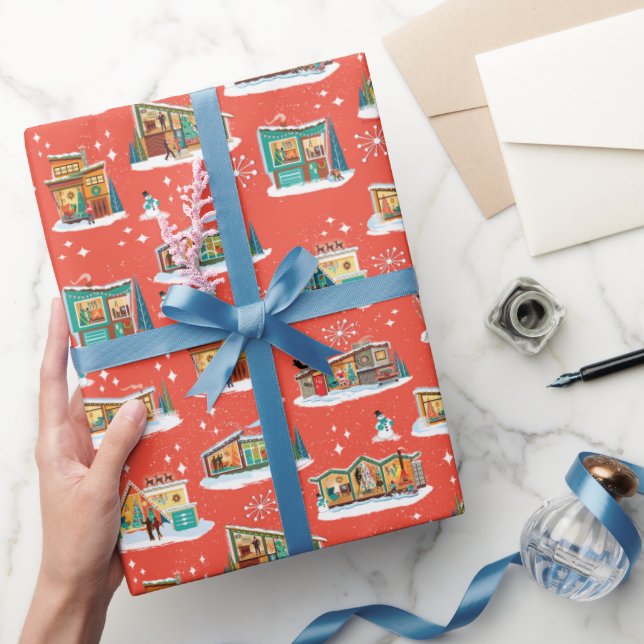 Papel De Presente Médio Século Moderno Casas de Natal Laranja 4 (Presentear)