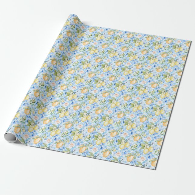 Papel De Presente Mediterranean Blue Tile Yellow Lemon Watercolor (Desenrolado)