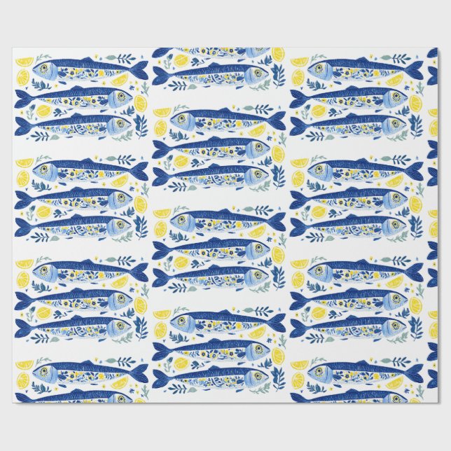 Papel De Presente Mediterranean Summer Blue and Yellow Sardines (Aberto)