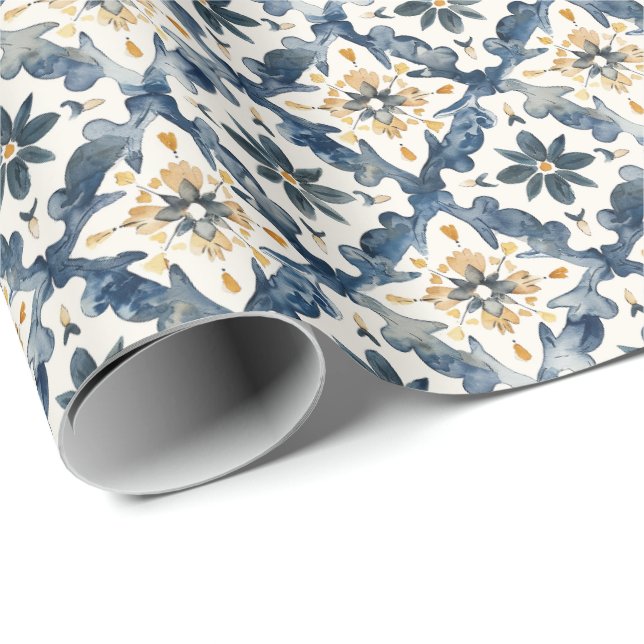 Papel De Presente Mediterranean Tile Gift Wrap, Blue and Gold (Ponta do rolo)