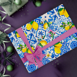 Papel De Presente Mediterrâneo Majólica Azul Siciliano Citrinos
