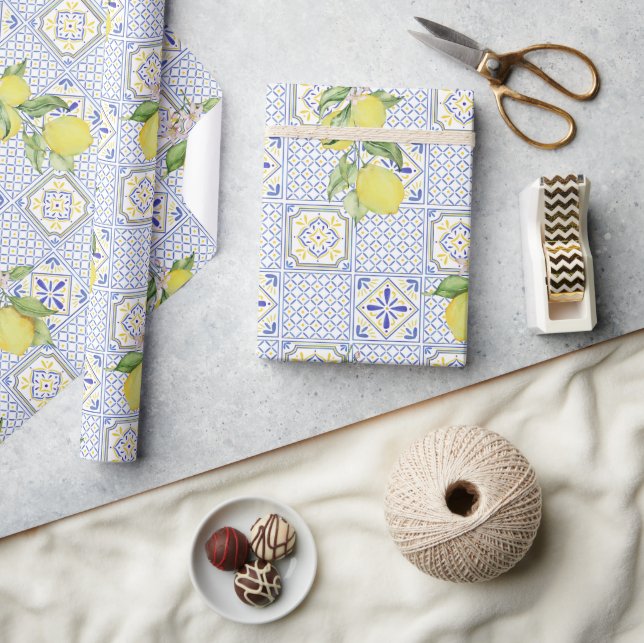 Papel De Presente Mediterrenean Citrus Lemon pattern (Artesanato)