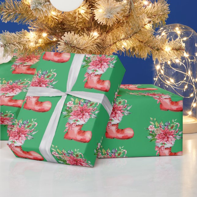 Papel De Presente Meia de Natal aquarela verde (Feriados)