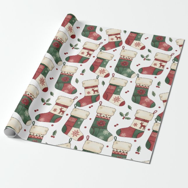 Papel De Presente Meias de Natal em Patchwork Vermelho Verde Branco (Desenrolado)
