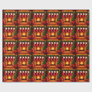 Papel De Presente Meias de Natal Penduradas Acima da Lareira Quente
