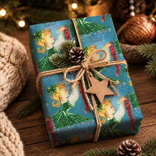 Papel De Presente Meias vermelhas de Natal vintage com brilho monogr