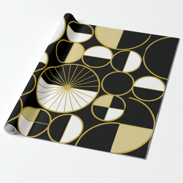 Papel De Presente Meio século Círculos Modernos Metade preto Dourado (Desenrolado)