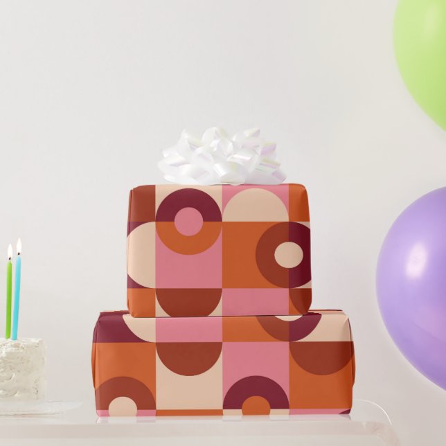 Papel De Presente Meio Século Moderno Meios Círculos Rosa Marrom Lar (Presentes para festas)