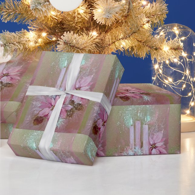 Papel De Presente Meio século Velas Rosa Modernas e Poinsetos (Feriados)