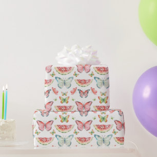 Papel De Presente Melancia Vermelha Verde Borboletas Azuis Aniversár