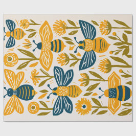 Papel De Presente Melhor Abelha Linocut Vintage - Mostarda e Azul Ma