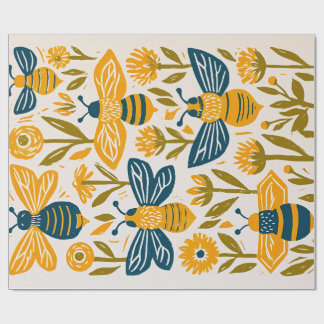 Papel De Presente Melhor Abelha Linocut Vintage - Mostarda e Azul Ma