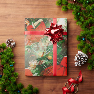 Papel De Presente Menina Antiga de Vestido Vermelho e Árvore de Nata