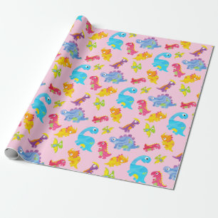 Papel De Presente Menina Bonita Colorida Tema Rosa Dinossauro Cor-de
